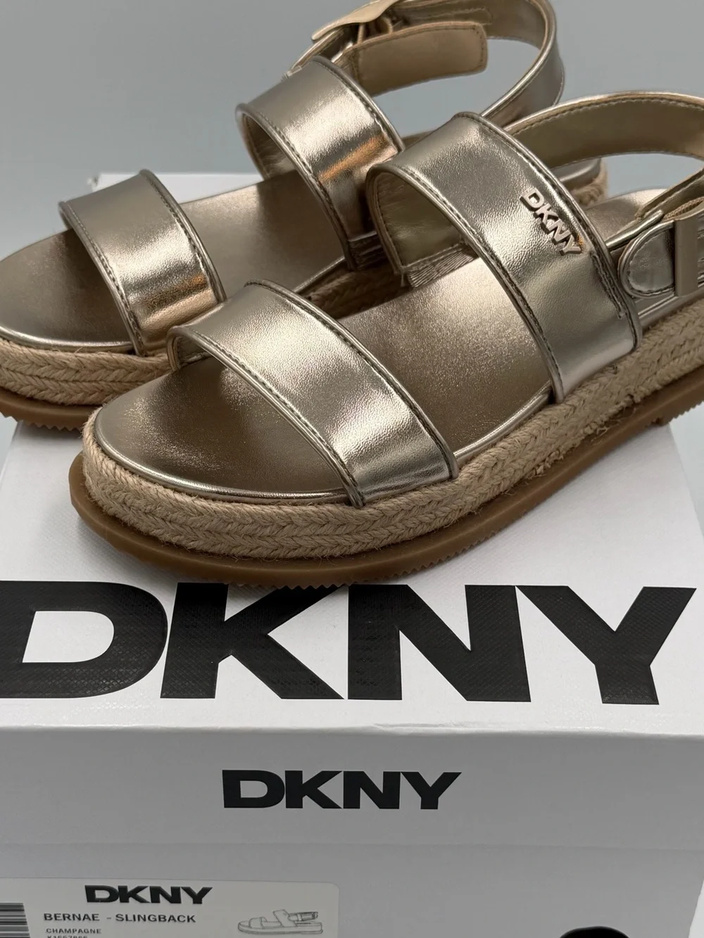 DKNY Metallic Champagne Bernae Slingback Platform Sandals with Ankle Strap NIB